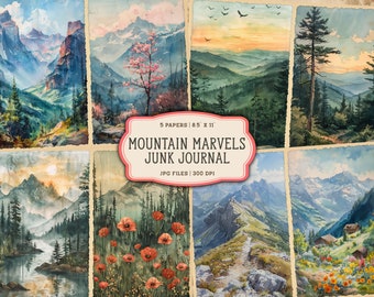 Watercolor Mountains Junk Journal Printable Pages, Mountains Junk Journal Paper, Woodland Junk Journal Kit, Hiking Journal