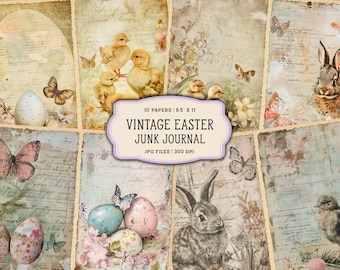 May include: A set of 10 vintage Easter themed digital papers for junk journaling. The papers feature images of chicks, butterflies, bunnies, eggs, and floral designs. The papers are 8.5 x 11 inches and 300 DPI.