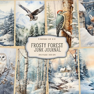 Páginas imprimíveis do diário de lixo da floresta em aquarela, kit de diário de lixo de animais da floresta de inverno, papel de diário de lixo de inverno, folha de colagem digital