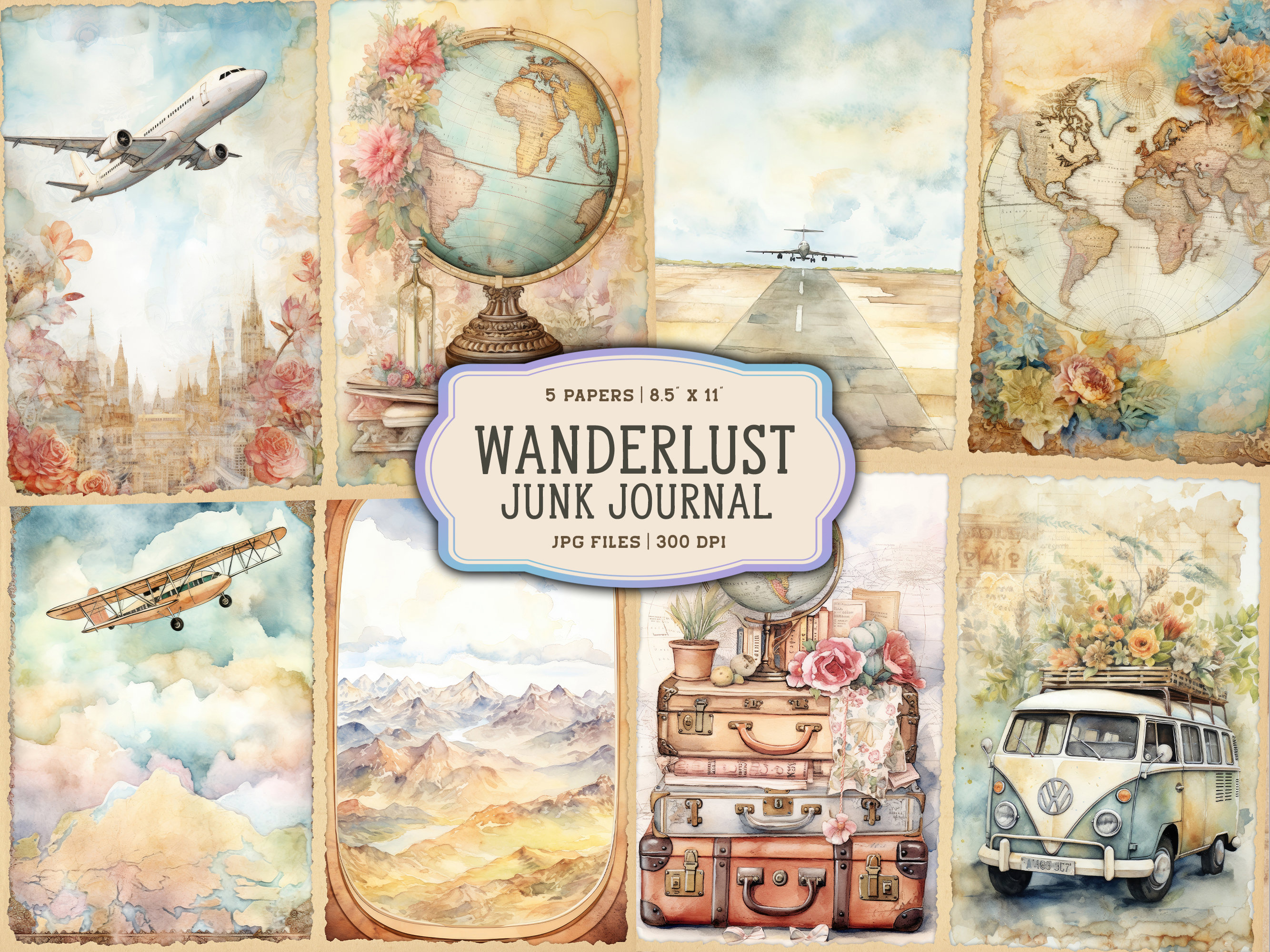 Watercolor Junk Journal Printable Pages, Travel Journal, Travel Journal Printable, Printable Travel Junk Journal, Digital Collage Sheet