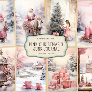 Imprimibles navideños para diarios basura, Navidad rosa, páginas vintage de diario basura de Feliz Navidad, diario basura digital de Santa acuarela