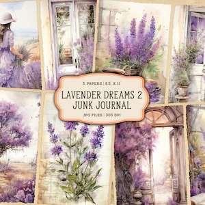 Páginas imprimibles del diario basura de lavanda, kit de diario basura de lavanda, papel de diario basura de lavanda, hoja de collage digital