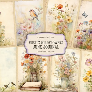 Páginas imprimíveis de diário de lixo de flores silvestres em aquarela, kit de diário de lixo botânico vintage, papel de diário de lixo imprimível, folha de colagem digital