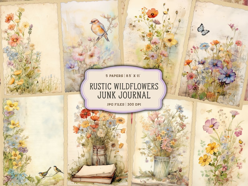 May include: Five digital papers featuring watercolor illustrations of wildflowers, birds, and butterflies on a vintage background. The papers are 8.5 inches by 11 inches and 300 DPI. The text "Rustic Wildflowers Junk Journal" is included in the image.