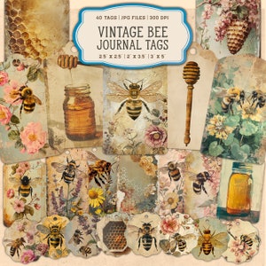 40 Vintage Bee Junk Journal druckbare Tags, Bee Junk Journal Kit, Junk Journal Tags, Digital Collage Sheet