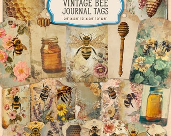 40 Vintage Bee Junk Journal Printable Tags, Bee Junk Journal Kit, Junk Journal Tags, Digital Collage Sheet