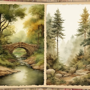 May include: Watercolor painting of a serene landscape. The left panel depicts a stone bridge over a flowing river, surrounded by lush green trees. The right panel shows a misty forest with tall pine trees and a rocky path.