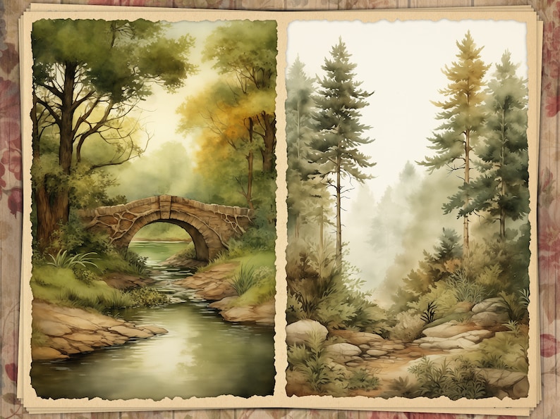 May include: Watercolor painting of a serene landscape. The left panel depicts a stone bridge over a flowing river, surrounded by lush green trees. The right panel shows a misty forest with tall pine trees and a rocky path.