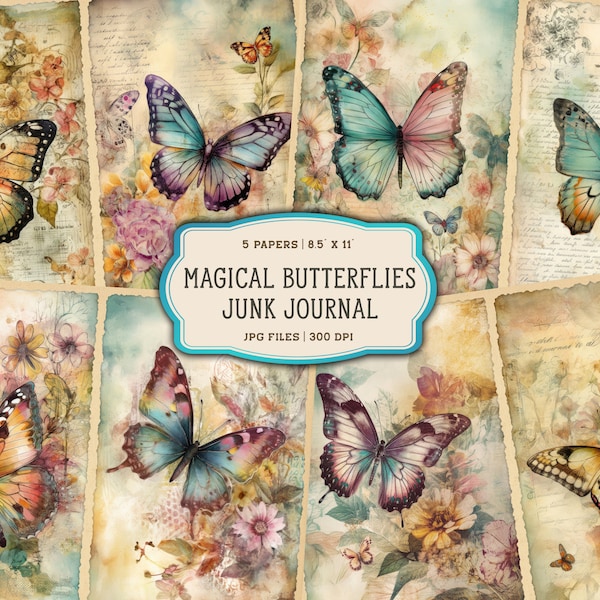 Watercolor Butterfly Junk Journal Pages, Fantasy Vintage Butterflies Junk Journal Kit, Magical Printable Junk Journal Paper