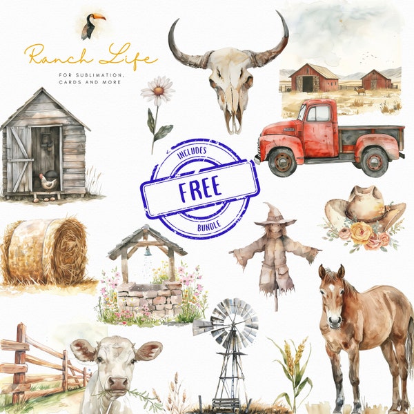 Watercolor Ranch Clipart, Country Farm Bundle, Western Ranch PNG