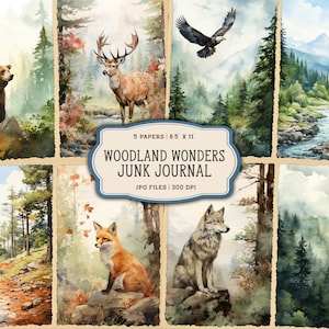 Pagine stampabili del diario della spazzatura della foresta dell'acquerello, kit del diario della spazzatura degli animali del bosco, carta del diario della spazzatura, foglio di collage digitale