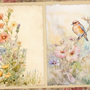 May include: Two watercolor paintings on a textured background. The left painting features a bouquet of colorful wildflowers. The right painting features a bluebird perched on a branch with pink flowers.