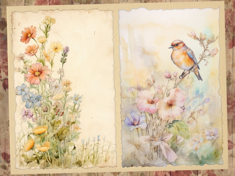 May include: Two watercolor paintings on a textured background. The left painting features a bouquet of colorful wildflowers. The right painting features a bluebird perched on a branch with pink flowers.