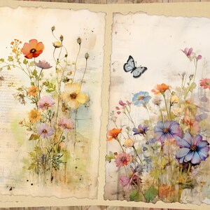 May include: Two vintage-style cards with watercolor paintings of wildflowers. The left card features a bouquet of orange, yellow, and pink flowers. The right card features a bouquet of blue, purple, and pink flowers with a blue butterfly.