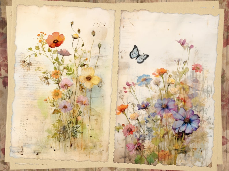 May include: Two vintage-style cards with watercolor paintings of wildflowers. The left card features a bouquet of orange, yellow, and pink flowers. The right card features a bouquet of blue, purple, and pink flowers with a blue butterfly.