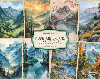 Puede incluir: Cinco papeles digitales con ilustraciones de acuarela de paisajes de montaña con lagos y árboles. Los papeles miden 8,5 pulgadas por 11 pulgadas y 300 DPI. El texto "Mountain Dreams Junk Journal" está en un óvalo verde.