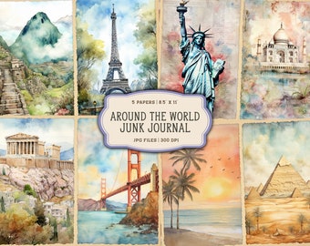 Watercolor Cityscape Junk Journal Printable Pages, Travel Journal Printable, Printable Travel Junk Journal, Digital Collage Sheet