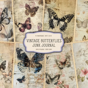 Vintage Schmetterling Junk Journal Seiten, Vintage Schmetterlinge Junk Journal Kit, bedruckbares Junk Journal Papier, Digitale Collage Sheet