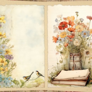May include: Two pages of a vintage journal with a floral border. The left page has a lined background with two blue birds perched on a branch. The right page features a bouquet of colorful wildflowers in a glass jar, with a stack of old books underneath.