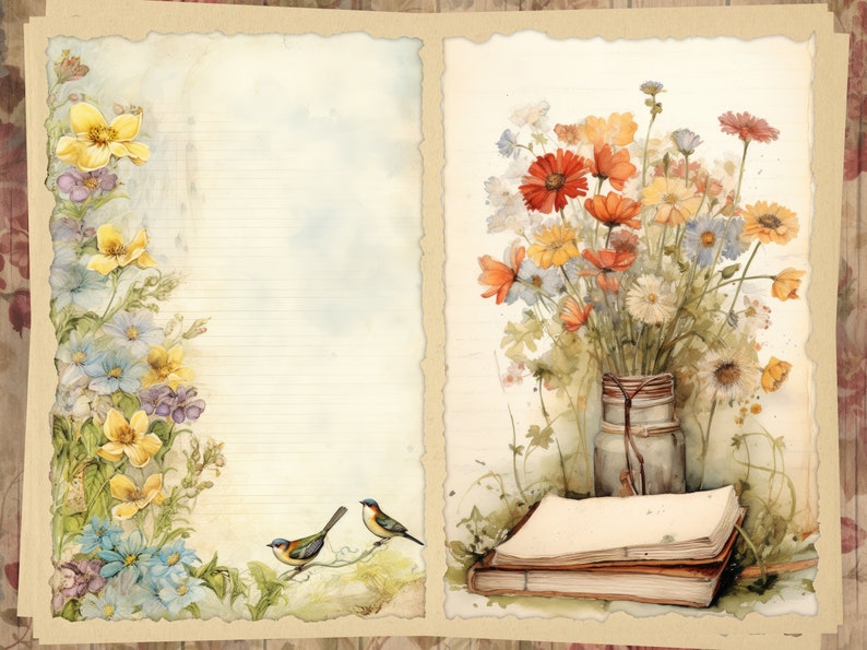 May include: Two pages of a vintage journal with a floral border. The left page has a lined background with two blue birds perched on a branch. The right page features a bouquet of colorful wildflowers in a glass jar, with a stack of old books underneath.