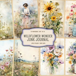Páginas imprimíveis de diário de lixo de flores silvestres em aquarela, kit de diário de lixo botânico vintage, papel de diário de lixo imprimível, folha de colagem digital