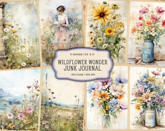 Watercolor Wildflowers Junk Journal Printable Pages, Vintage Botanical Junk Journal Kit, Printable Junk Journal Paper, Digital Collage Sheet