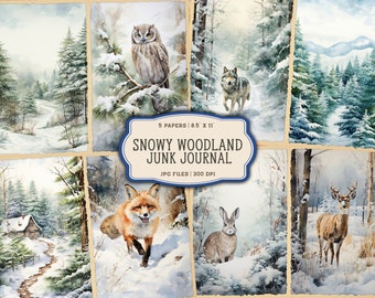 Watercolor Forest Junk Journal Printable Pages, Winter Woodland Animals Junk Journal Kit, Winter Junk Journal Paper