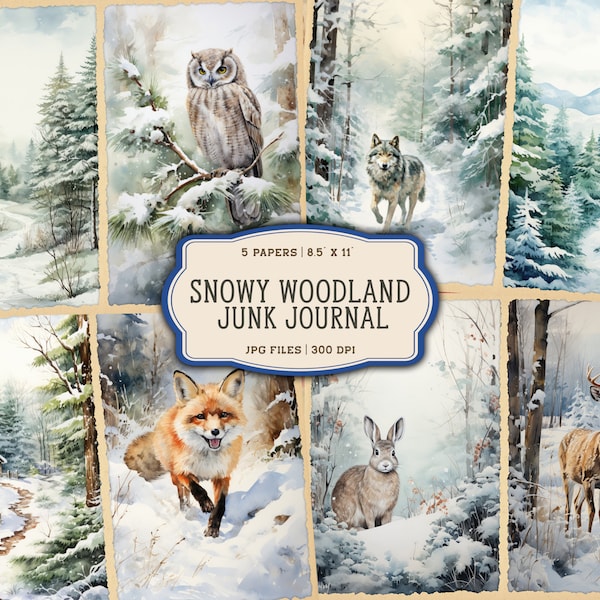 Watercolor Forest Junk Journal Printable Pages, Winter Woodland Animals Junk Journal Kit, Winter Junk Journal Paper