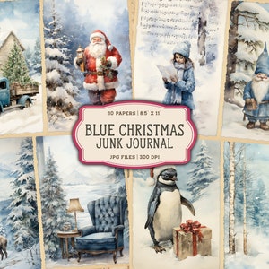 Weihnachten Printables für Junk Journals, Blaue Weihnachten, Vintage Merry Christmas Junk Journal Seiten, Aquarell Santa Digital Junk Journal