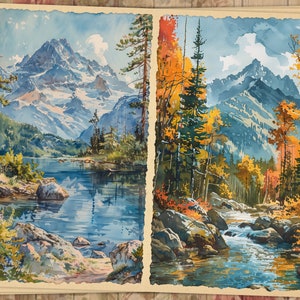 May include: Two watercolor paintings depicting mountain landscapes. The first painting shows a lake with a mountain range in the background. The second painting shows a river flowing through a forest with a mountain range in the background.