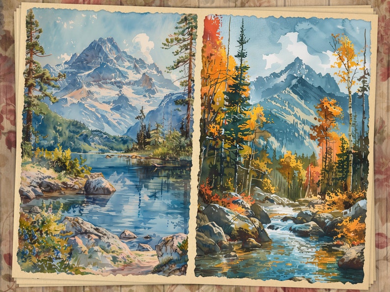 May include: Two watercolor paintings depicting mountain landscapes. The first painting shows a lake with a mountain range in the background. The second painting shows a river flowing through a forest with a mountain range in the background.