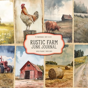 Páginas imprimíveis de diário de lixo de fazenda em aquarela, kit de diário de lixo de fazenda, papel de diário de lixo de fazenda rural, papel digital de celeiro