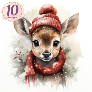 Animales del bosque navideños en acuarela, animales de invierno de revista basura, imágenes prediseñadas de invierno JPG