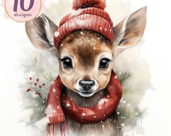 Animaux de la forêt de Noël aquarelle, Junk Journal animaux d'hiver, clipart hiver JPG