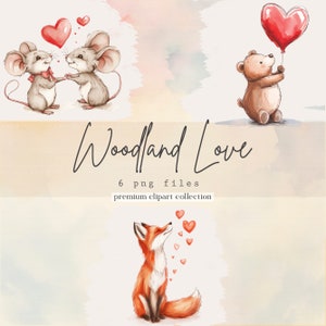 Valentinstag Clipart, Waldtiere Clipart, Junk Journal, Valentinstag, PNG-Dateien