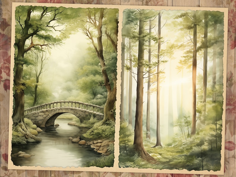 May include: Watercolor painting of a serene forest scene. The left panel depicts a stone bridge over a river, while the right panel shows tall trees bathed in sunlight. The artwork has a vintage, rustic aesthetic.