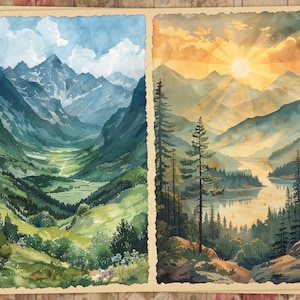 May include: Two watercolor paintings depicting mountain landscapes. The left painting shows a valley with green hills and mountains in the background. The right painting shows a lake with mountains in the background and a bright sun shining through the clouds.