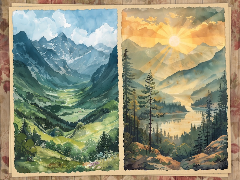 May include: Two watercolor paintings depicting mountain landscapes. The left painting shows a valley with green hills and mountains in the background. The right painting shows a lake with mountains in the background and a bright sun shining through the clouds.