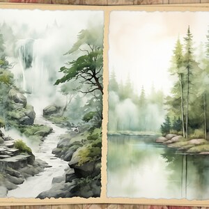 May include: Watercolor landscape art print featuring two panels. One depicts a waterfall cascading into a river, surrounded by lush greenery. The other shows a serene lake with tall trees and a misty atmosphere, evoking a sense of tranquility.