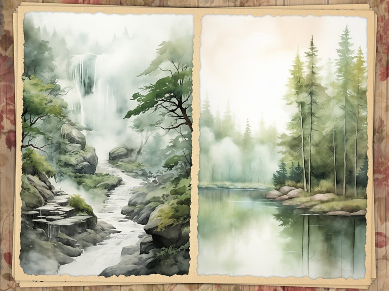 May include: Watercolor landscape art print featuring two panels. One depicts a waterfall cascading into a river, surrounded by lush greenery. The other shows a serene lake with tall trees and a misty atmosphere, evoking a sense of tranquility.
