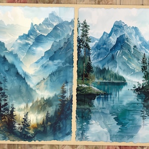 May include: Two watercolor paintings of mountain landscapes. The first painting shows a valley with a misty blue mountain range in the background. The second painting shows a lake with a mountain range in the background and a reflection of the mountains in the water.