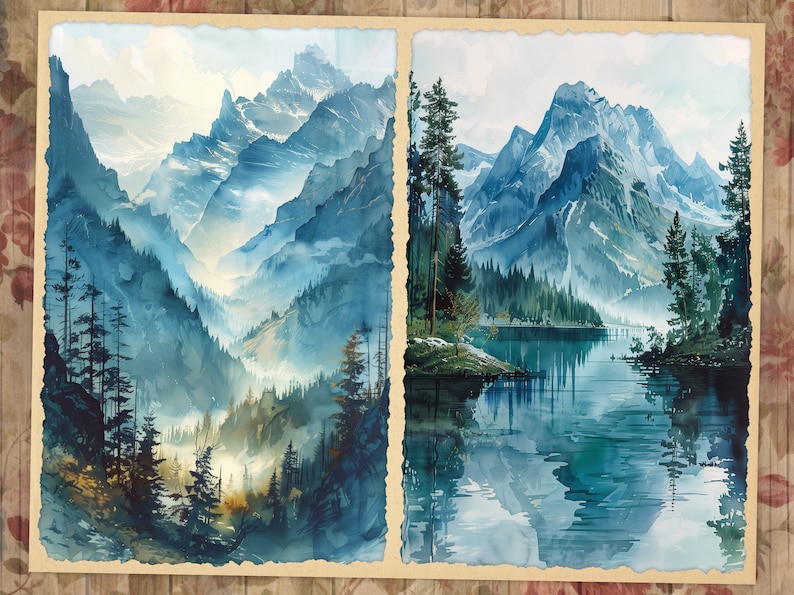 May include: Two watercolor paintings of mountain landscapes. The first painting shows a valley with a misty blue mountain range in the background. The second painting shows a lake with a mountain range in the background and a reflection of the mountains in the water.
