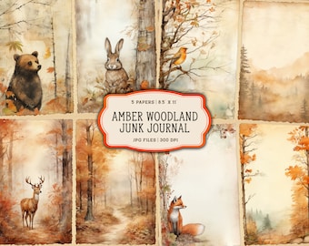 Watercolor Autumn Forest Junk Journal Printable Pages, Autumn Woodland Animals Journal Kit, Fall Junk Journal Paper, Digital Collage Sheet