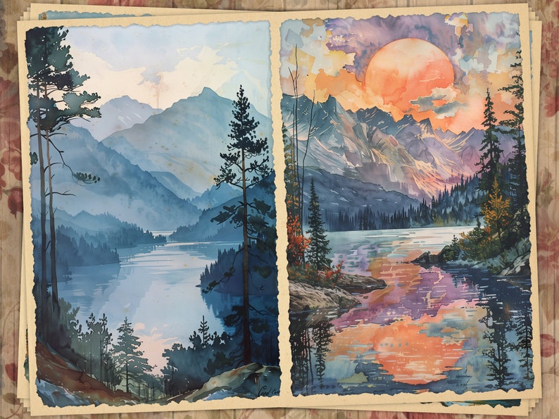 May include: Two watercolor paintings depicting a mountain lake scene. The first painting shows a lake surrounded by mountains with a blue sky and clouds. The second painting shows a lake with a large orange sun setting behind the mountains.