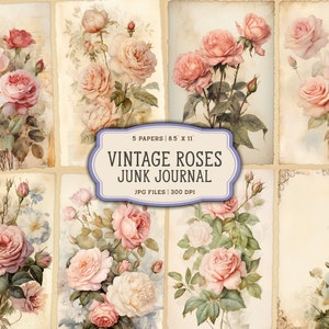 Pagine stampabili del diario spazzatura delle rose dell'acquerello, kit diario spazzatura delle rose vintage, carta stampabile del diario spazzatura, rose rosa
