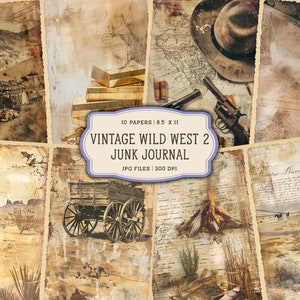 Pagine stampabili del diario spazzatura occidentale vintage, kit diario spazzatura cowboy, carta per diario spazzatura cowgirl, foglio di collage digitale