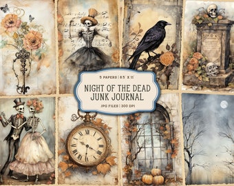 May include: A collection of vintage-style papers with watercolor illustrations. The images feature skeletons, roses, a crow, a tombstone, and a pocket watch. The text on the image reads "NIGHT OF THE DEAD JUNK JOURNAL". Each paper measures 8.5 x 11 inches.