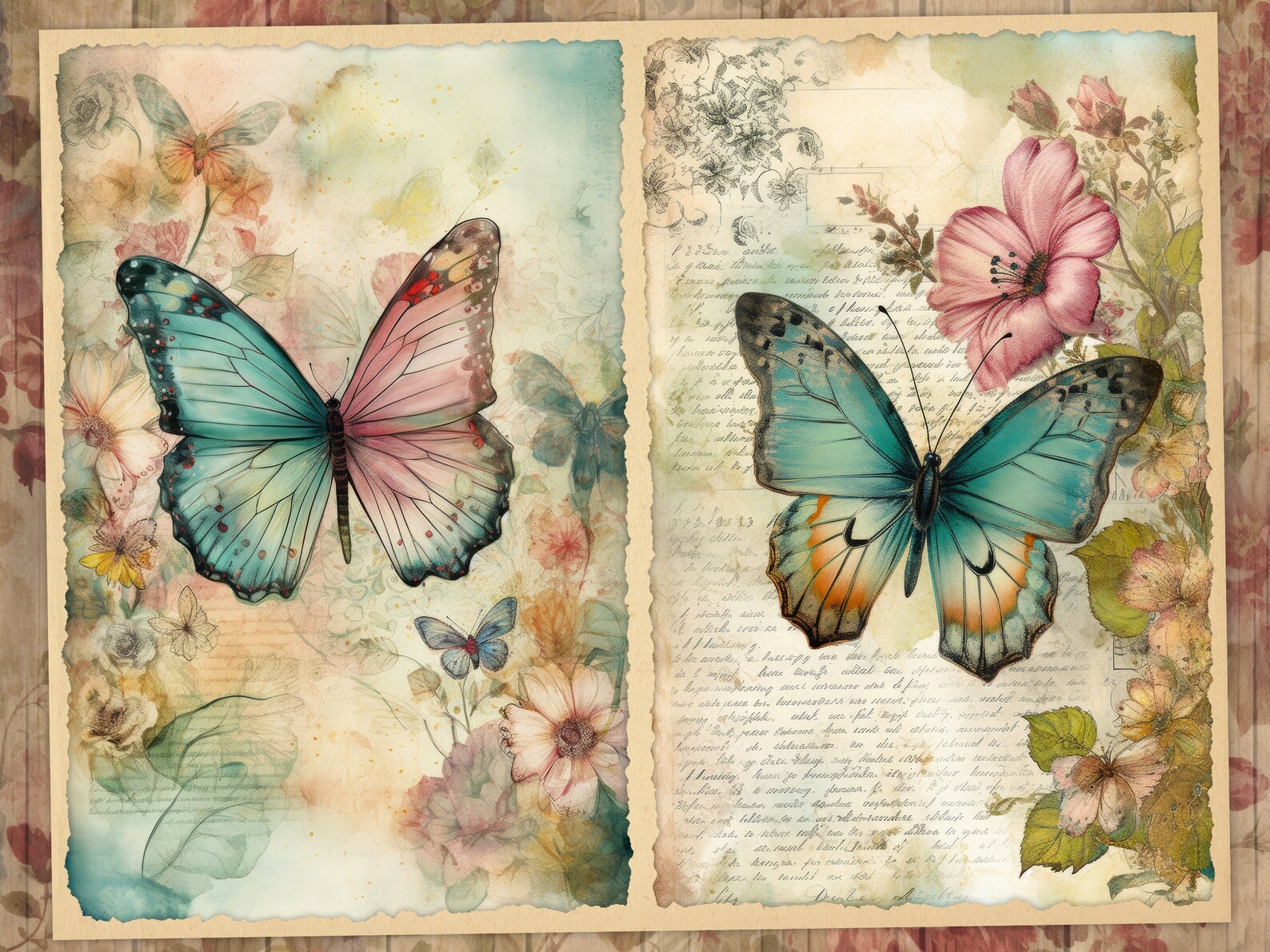 Watercolor Butterfly Junk Journal Pages, Fantasy Vintage Butterflies ...