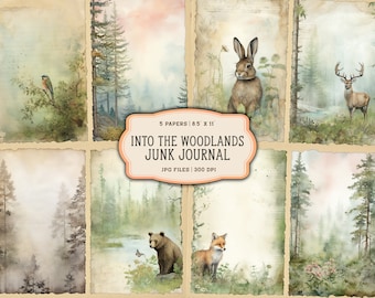 Watercolor Forest Junk Journal Printable Pages, Woodland Animals Junk Journal Kit, Junk Journal Paper, Digital Collage Sheet