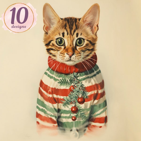 Watercolor Christmas Cats, Junk Journal Holiday Cats, Cute Animals Clipart JPG